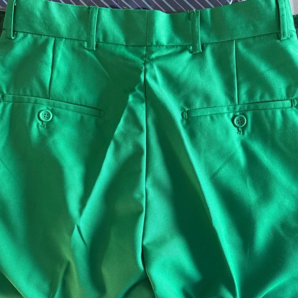 Mage Male Size XS Men's Green 2 PC Pants Suit Front Button Jacket Striped Tie